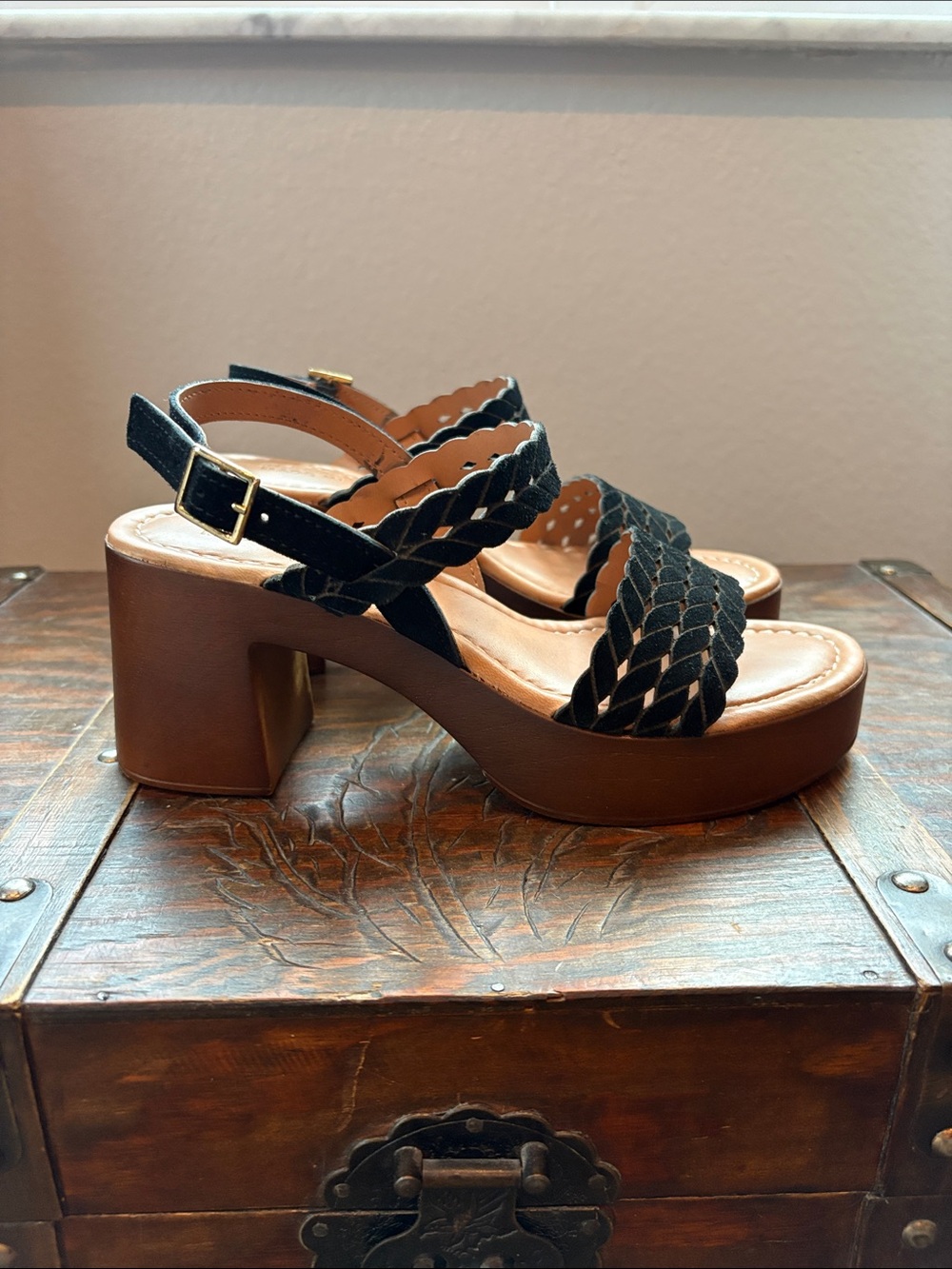 Wedge Sandals with Braided Straps in Black